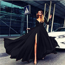 Load image into Gallery viewer, Deep V Dress Solid Color Ladies Long Dresses Fashion High Cut Split Long Sleeve Maxi Dresses For Women Evening Party Dress