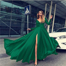 Load image into Gallery viewer, Deep V Dress Solid Color Ladies Long Dresses Fashion High Cut Split Long Sleeve Maxi Dresses For Women Evening Party Dress