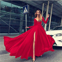 Load image into Gallery viewer, Deep V Dress Solid Color Ladies Long Dresses Fashion High Cut Split Long Sleeve Maxi Dresses For Women Evening Party Dress