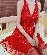 Load image into Gallery viewer, Sequin Backless Bandage Summer Dress Bodycon Women Sexy Nightclub Party Mini Dress Black Bandage Deep V Neck Dresses Vestidos