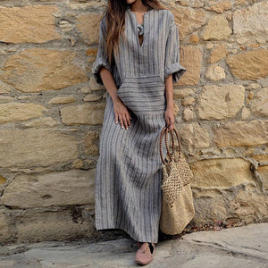 Womens Cotton Linen Dress Big size 5XL large size Kaftan Long Sleeve 2019 Summer Striped Women Plus Size Long Maxi Boho Dresses