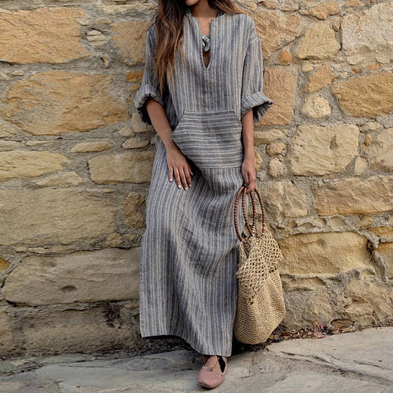 Womens Cotton Linen Dress Big size 5XL large size Kaftan Long Sleeve 2019 Summer Striped Women Plus Size Long Maxi Boho Dresses