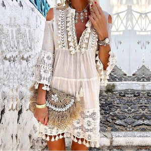 Summer tassel boho dress women v Neck seven sleeve loose short dresses femme holiday bohemian chic dress plus size rode