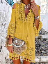 Load image into Gallery viewer, Summer tassel boho dress women v Neck seven sleeve loose short dresses femme holiday bohemian chic dress plus size rode
