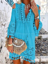 Load image into Gallery viewer, Summer tassel boho dress women v Neck seven sleeve loose short dresses femme holiday bohemian chic dress plus size rode
