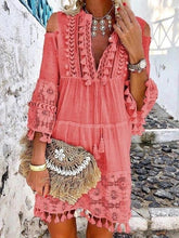 Load image into Gallery viewer, Summer tassel boho dress women v Neck seven sleeve loose short dresses femme holiday bohemian chic dress plus size rode
