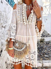 Load image into Gallery viewer, Summer tassel boho dress women v Neck seven sleeve loose short dresses femme holiday bohemian chic dress plus size rode
