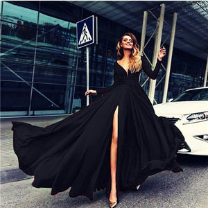 Deep V Dress Solid Color Ladies Long Dresses Fashion High Cut Split Long Sleeve Maxi Dresses For Women Evening Party Dress