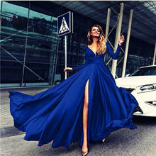 Load image into Gallery viewer, Deep V Dress Solid Color Ladies Long Dresses Fashion High Cut Split Long Sleeve Maxi Dresses For Women Evening Party Dress
