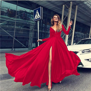 Deep V Dress Solid Color Ladies Long Dresses Fashion High Cut Split Long Sleeve Maxi Dresses For Women Evening Party Dress