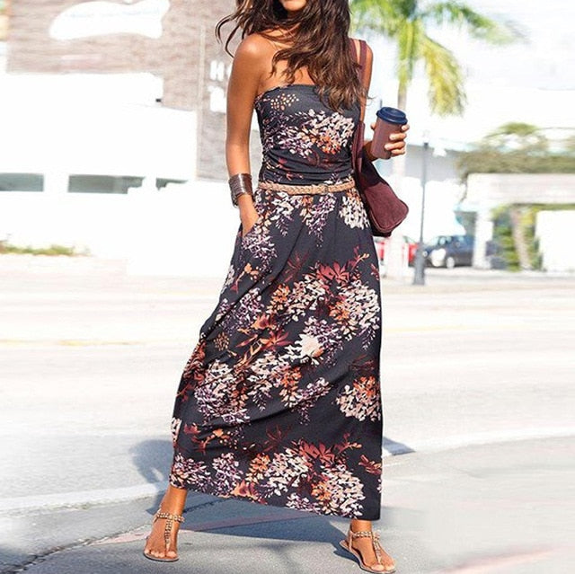 2020 Summer Dress Plus Size Beach Sexy Bandeau Holiday Off Shoulder Long Dress Ladies Summer Solid Party  Maxi Dresses