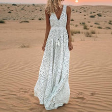 Load image into Gallery viewer, White Polka Dot Maxi Dress Elegant Vintage Fashion Women Sleeveless Lace Up Summer 2019 Sexy Deep V Boho Big Swing Long Dresses
