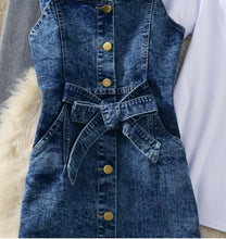 Load image into Gallery viewer, 2019 New Spring and Summer Student Girls Simple White T-shirt + Strap Single Breasted Denim Dress Two-piece Women&#39;s Dress Set
