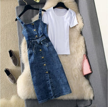 Load image into Gallery viewer, 2019 New Spring and Summer Student Girls Simple White T-shirt + Strap Single Breasted Denim Dress Two-piece Women&#39;s Dress Set
