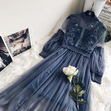 Load image into Gallery viewer, New Arrivals Women Lace Flower Dress Long Gauze Lantern Sleeve Voile Long Dress Female Retro Hook Princess Dress 2 Piece Set

