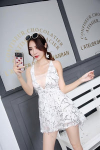 Sequin Backless Bandage Summer Dress Bodycon Women Sexy Nightclub Party Mini Dress Black Bandage Deep V Neck Dresses Vestidos